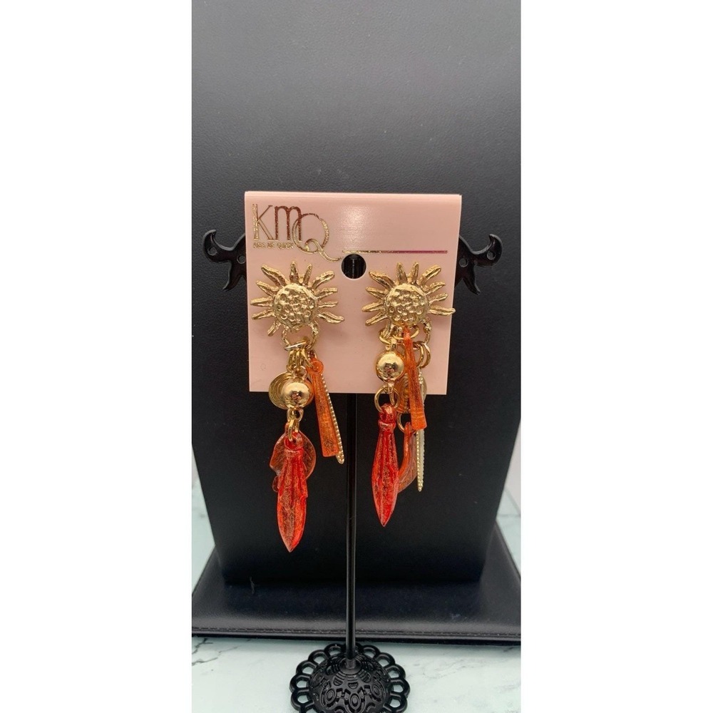 Vintage 80's /90's KMQ Kiss Me Quick Gold Tone Sun Leaves Orange Dangle Earrings